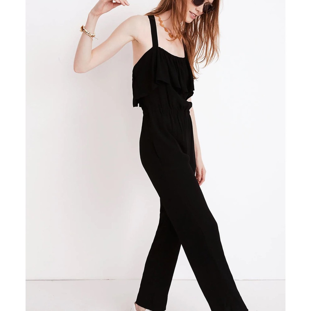 NWT Madewell women’s apron ruffle jumpsuit one piece in black | Sz XL | a11